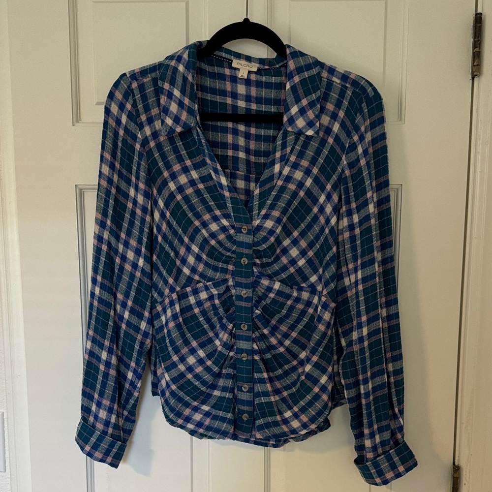 Anthropologie Pilcro Teal and Pink Plaid Ruched Button-Front Shirt
